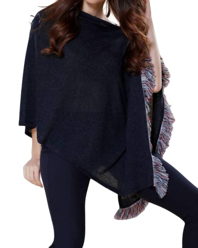 Front of a model wearing a size XL Natalia Fringe Shawl In Navy in Navy by french kyss. | dia_product_style_image_id:358386